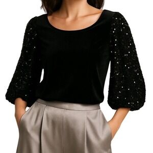 Black Velvet Top Sequin Sleeves Womens M Blouse Evening Holiday Cocktail Party